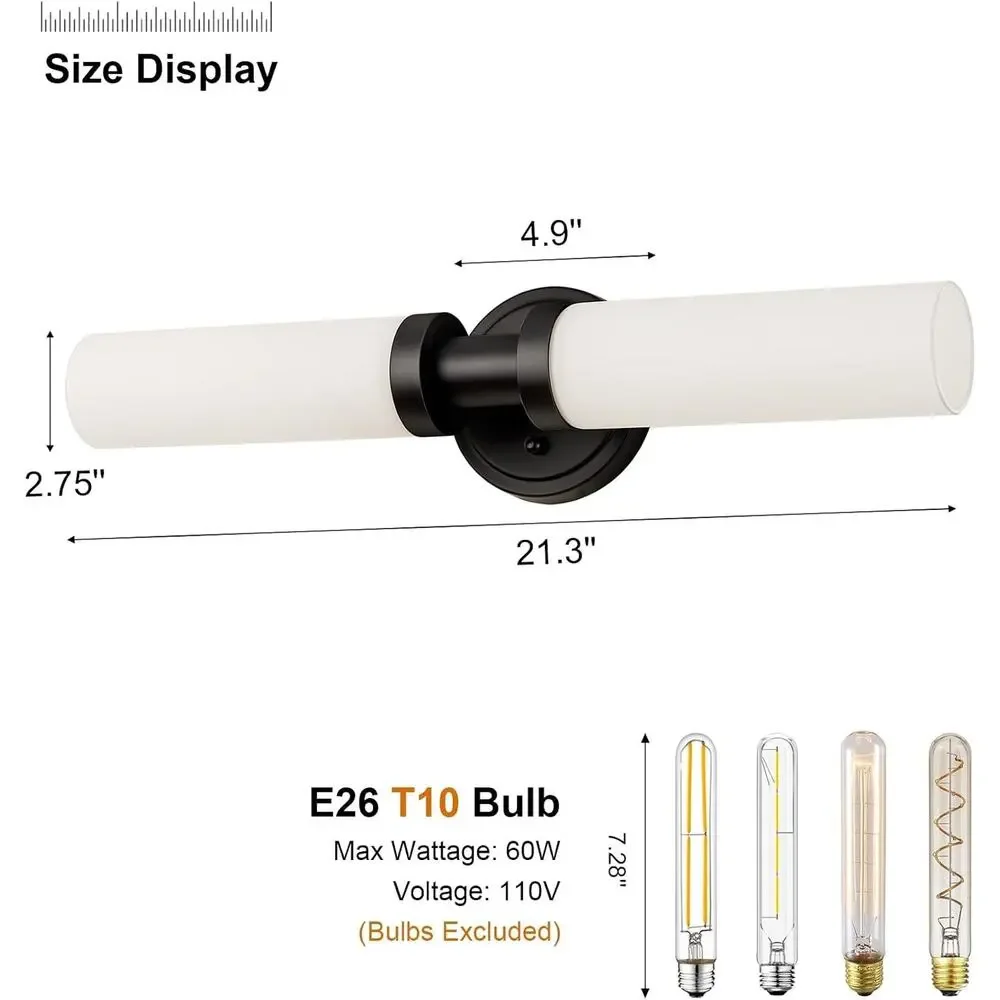 2-Light Black Bathroom Vanity Light with White Glass Shades